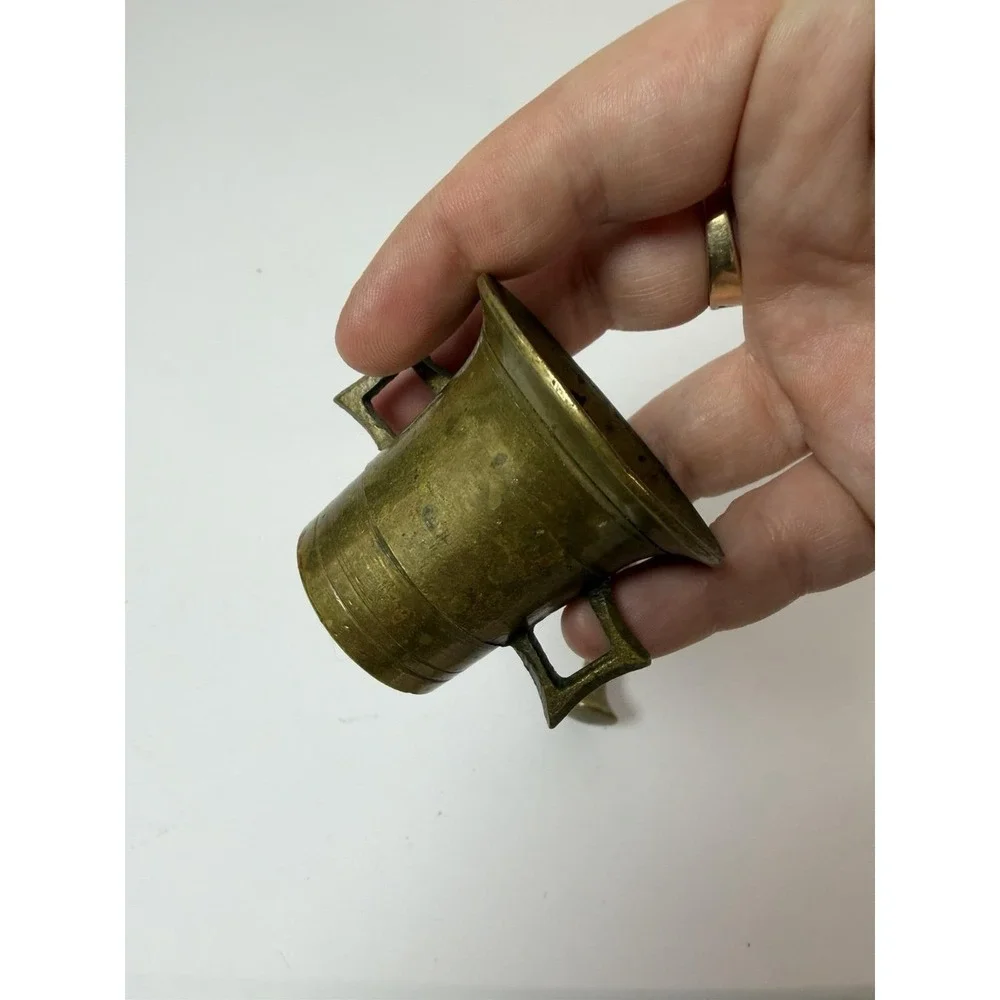 Brass Mortar & Pestle Small Handled Pharmacy Apothecary Vintage Decor‎